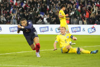 France's Kylian Mbappe celebrates after scoring his side's second goal during the World Cup 2022 group D qualifying soccer match between France and Kazakhstan at the Parc des Princes stadium in Paris, France, Saturday, Nov. 13, 2021. (AP Photo/Michel Euler)