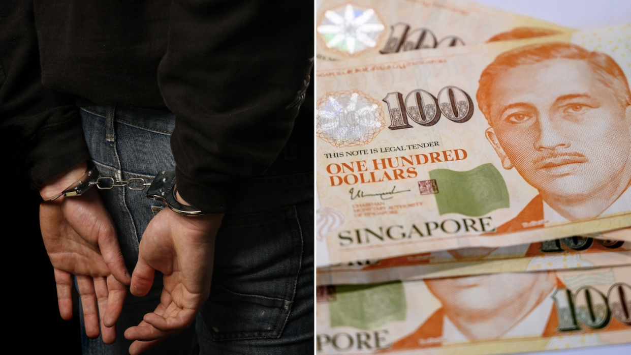 Close up of young person in handcuffs (left) and one hundred dollars Singapore bill notes (Photos: Getty Images)
