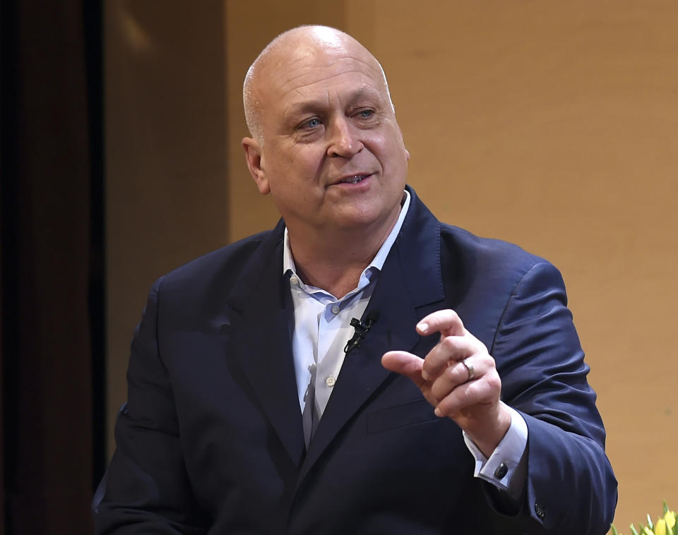 FILE - In this March 6, 2019, file photo, Cal Ripken Jr. speaks to the audience while taking part in the Great Conversation Series at St. John's College in Annapolis, Md. It has been 25 years since Ripken broke Lou Gehrig's major league record for consecutive games played, a feat the Baltimore Orioles star punctuated with an unforgettable lap around Camden Yards in the middle of his 2,131st successive start. (Paul W. Gillespie/The Baltimore Sun via AP, File)