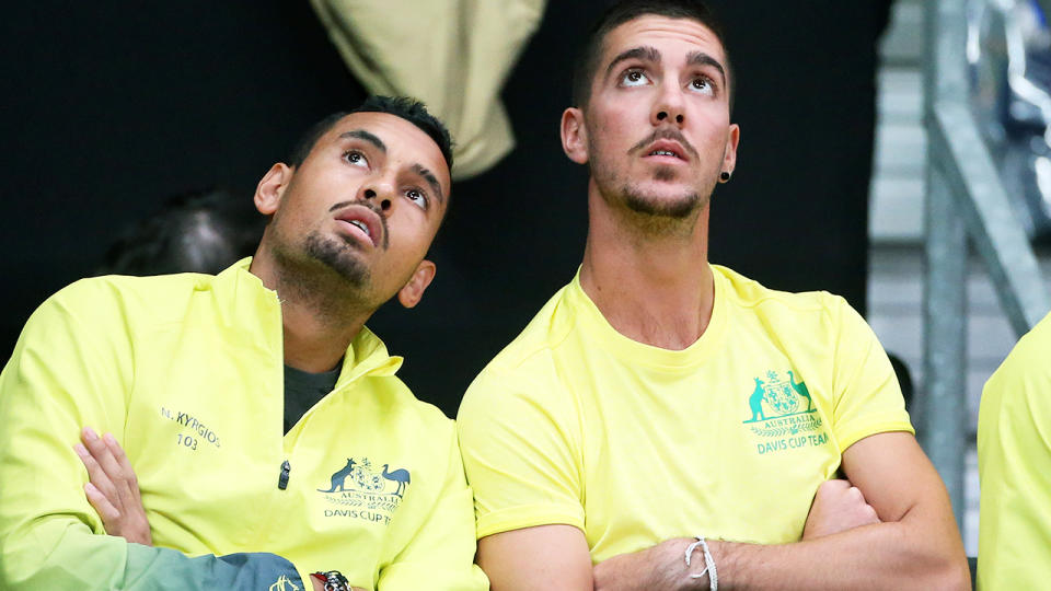 Nick Kyrgios and Thanasi Kokkinakis, pictured here during a Davis Cup match in 2017. 