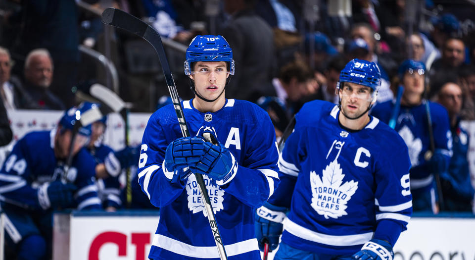 TORONTO, ON - NOVEMBER 07: Mitch Marner #16 and John Tavares #91 of the Toronto Maple Leafs take the ice against the Vegas Golden Knights during the second period at the Scotiabank Arena on November 7, 2019 in Toronto, Ontario, Canada. (Photo by Mark Blinch/NHLI via Getty Images)