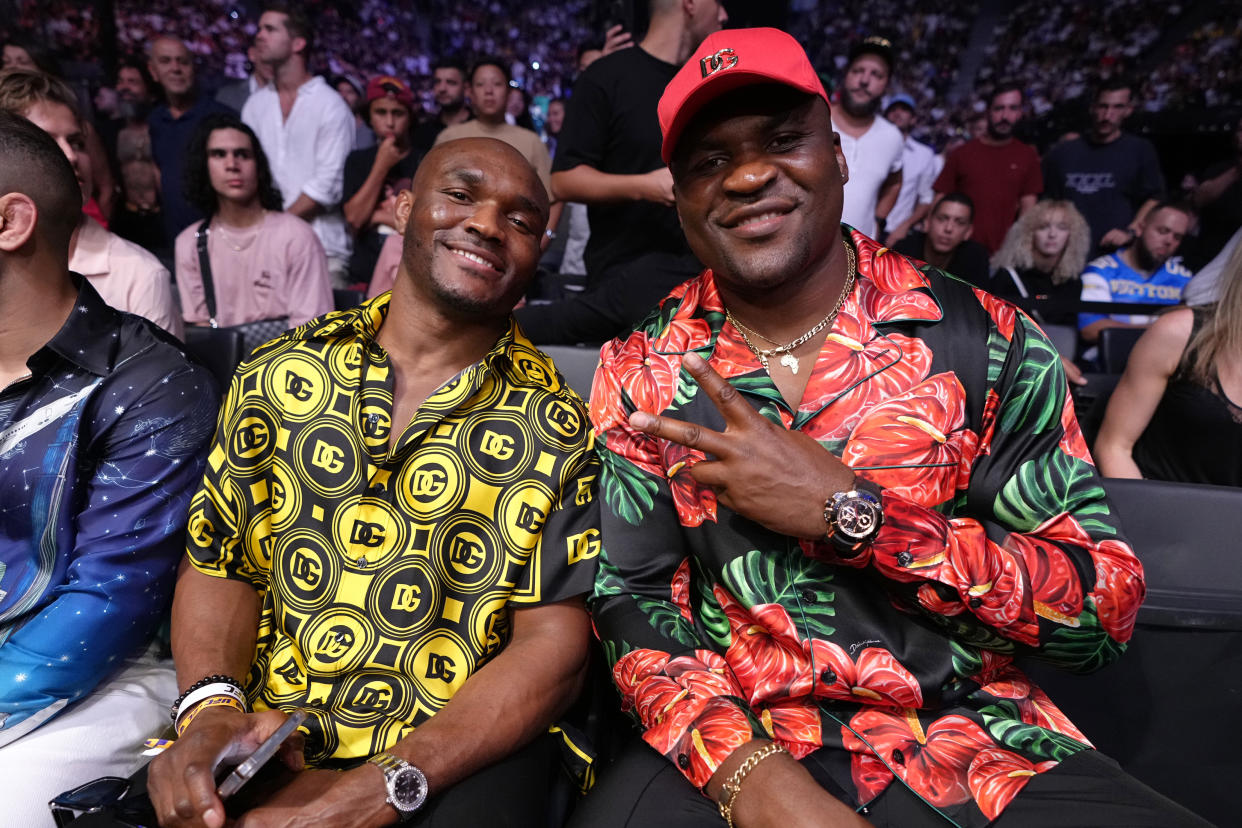 PARIS, FRANCE - SEPTEMBER 03: (L-R) Kamaru Usman and Francis Ngannou pose for a photo during the UFC Fight Night event at The Accor Arena on September 03, 2022 in Paris, France. (Photo by Jeff Bottari/Zuffa LLC)