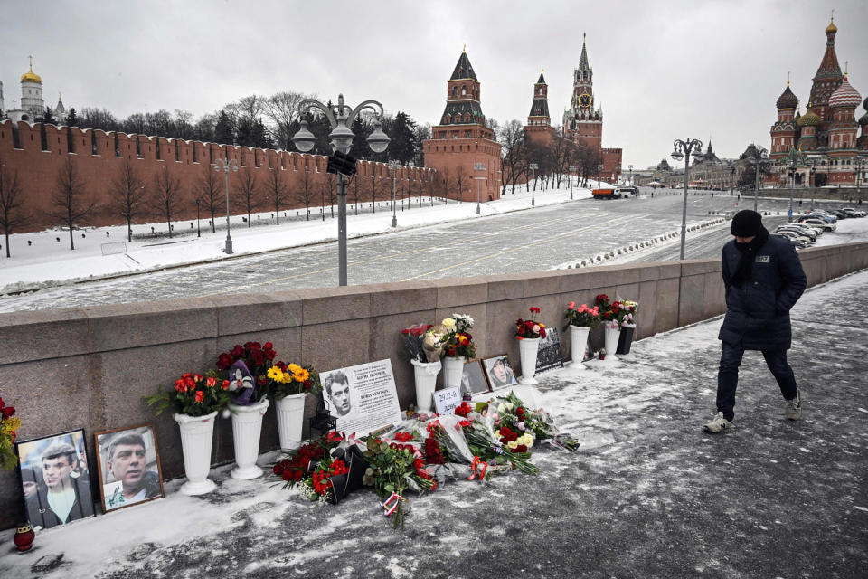 The site where late Russian opposition leader Boris Nemtsov was fatally shot on a bridge near the Kremlin in central Moscow. Nemtsov was one of President Vladimir Putin's loudest critics until he was shot and killed on Feb. 27, 2015. (Alexander Nemeno / AFP via Getty Images file)