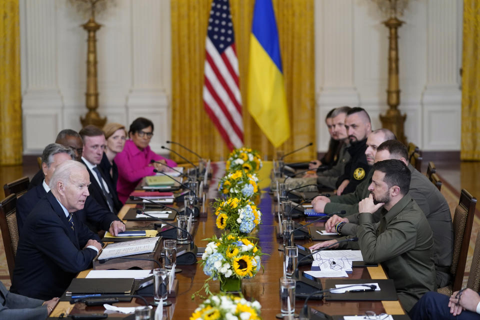 FILE - President Joe Biden meets with Ukrainian President Volodymyr Zelenskyy in the East Room of the White House, Thursday, Sept. 21, 2023, in Washington. President Joe Biden’s nearly $106 billion aid package for Ukraine, Israel and other needs sits idle in Congress, neither approved nor rejected, but subjected to new political demands. Republicans are insisting on U.S.-Mexico border policy provisions in exchange for any new funds for Ukraine to fight Russia. (AP Photo/Evan Vucci, File)