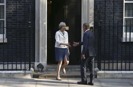 Britain's Prime Minister Theresa May (L) greets European Council President Donald Tusk in Downing Street in London, Britain September 8, 2016. REUTERS/Neil Hall