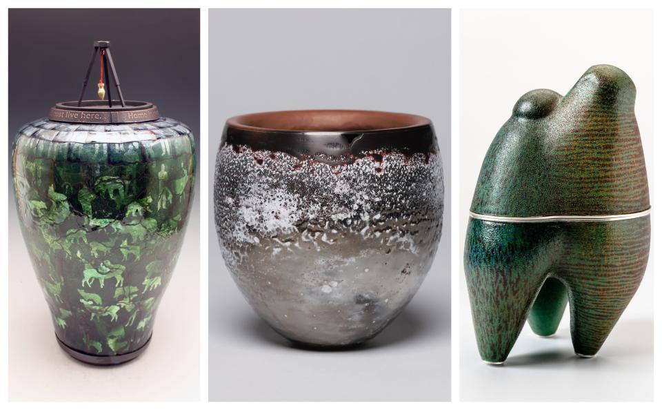 From left to right "Environmental Vessel: Property" by Harlan Butt, "Breeding Record 2022, #1" by Yi Chen and "Merge" by Sarah Perkins. These three enamel vessels will be on display at the Springfield Art Museum during the "Holding Space: Contemporary Enamel Vessels" exhibition from April 7-July 30, 2023.