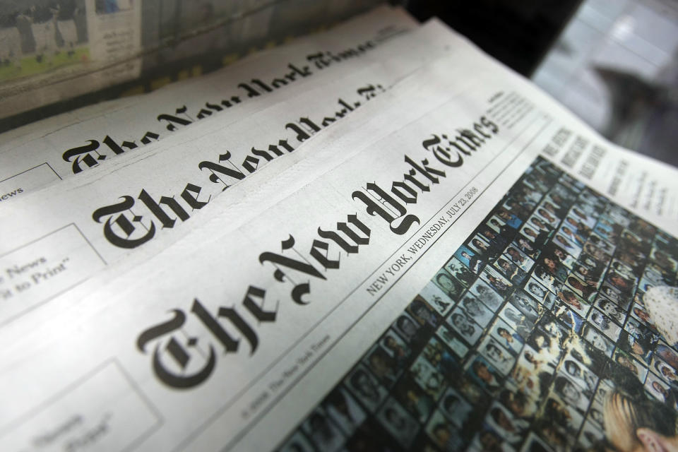 NEW YORK - JULY 23:  Copies of the New York Times sit for sale in a rack July 23, 2008 in New York City. The New York broadsheet announced it posted an 82 percent decline in second quarter profits as compared to last year. It also announced it would raise its newsstand price 25 cents to a $1.50.   (Photo by Mario Tama/Getty Images)