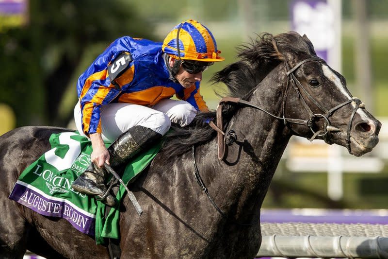 Auguste Rodin, shown winning the Breeders' Cup Turf on Nov. 4, will remain in training in 2024 and could take a swing at the Breeders' Cup Classic at Del Mar. Benoit photo, courtesy of Santa Anita