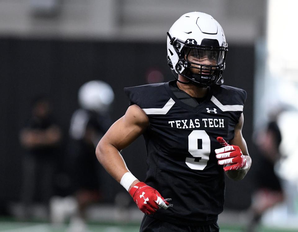 Texas Tech safety C.J. Baskerville (9) joined the Red Raiders in January after he transferred from San Diego State. Baskerville, a Texan who spent his first two college seasons with the Aztecs, is training this spring at the star position left vacant by first-team All-Big 12 honoree Marquis Waters.