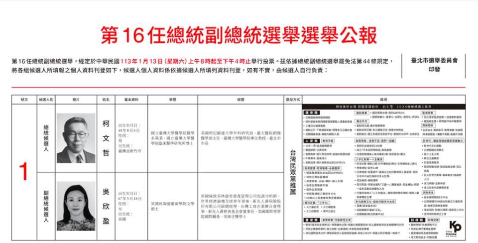 中選會網站今公開第16任總統副總統及第11屆立法委員選舉公報。（翻攝自中選會官網）