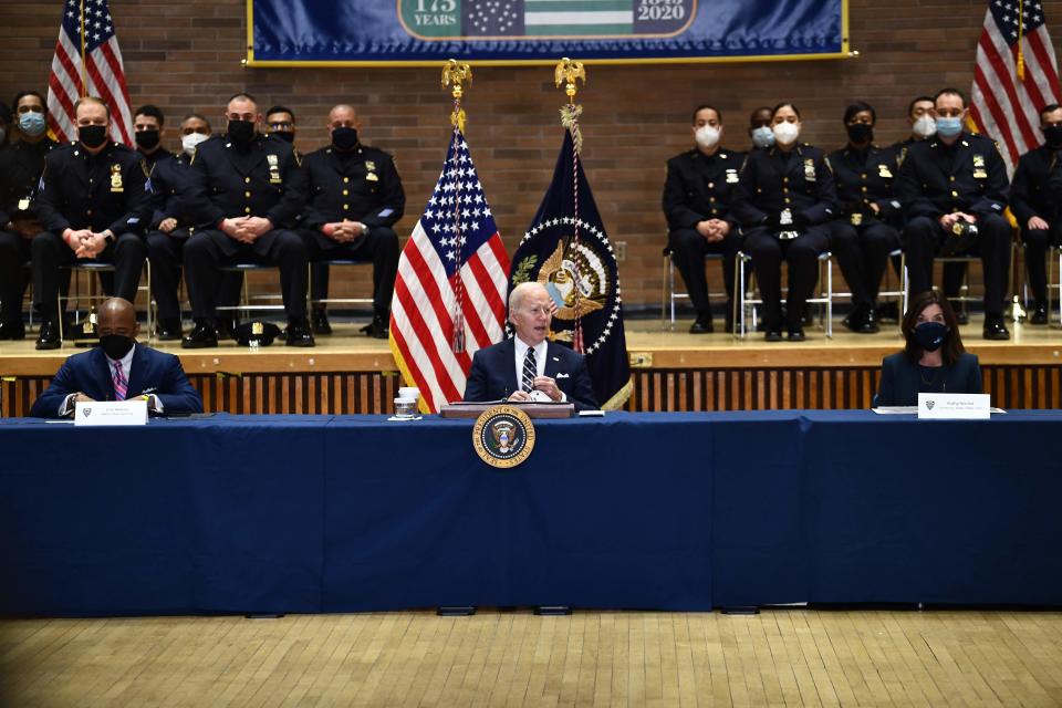 President Joe Biden at the New York Police Department on Feb. 3, 2022.