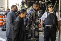 Actor Jonathan Majors and Meagan Good arrive at Criminal Court on Monday, April 8, 2024 in New York. (AP Photo/Brittainy Newman)