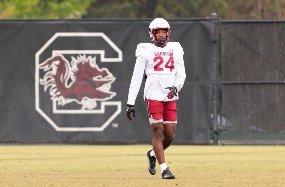 South Carolina defensive back Jalon Kilgore (24) runs drills during the Gamecocks’ practice in Columbia on Thursday, March 23, 2023.