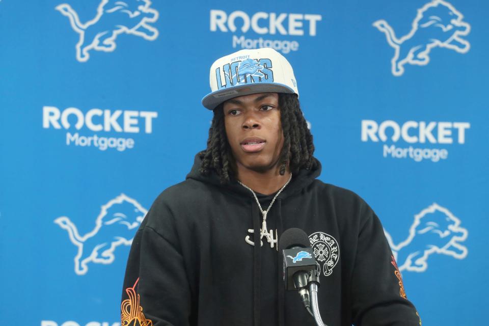 Detroit Lions first-round draft pick Jahmyr Gibbs from Alabama talks with reporters during the players' introductory news conference at team headquarters in Allen Park on Friday, April 28, 2023.