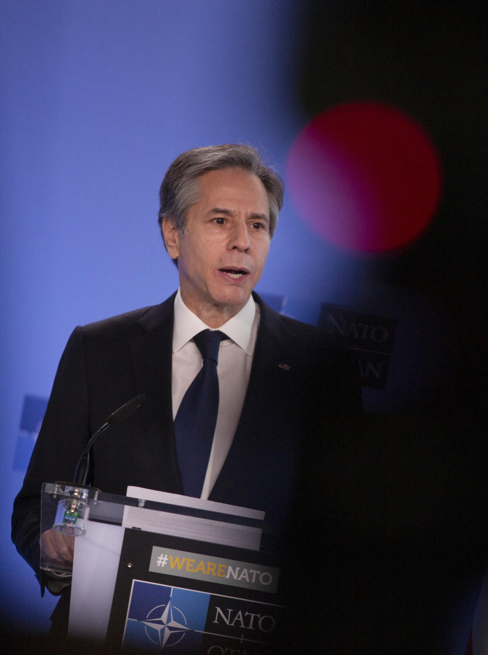 U.S. Secretary of State Antony Blinken speaks during a media conference prior to a meeting of NATO foreign ministers at NATO headquarters in Brussels on Tuesday, March 23, 2021. (AP Photo/Virginia Mayo, Pool)