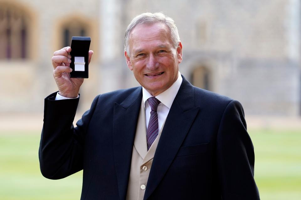 Sir David Hempleman-Adams poses after being awarded a Bar to the Polar Medal by the Princess Royal during an investiture ceremony at Windsor Castle on June 14, 2023 in Windsor, England. The medal honors distinguished work in the Arctic or Antarctic.