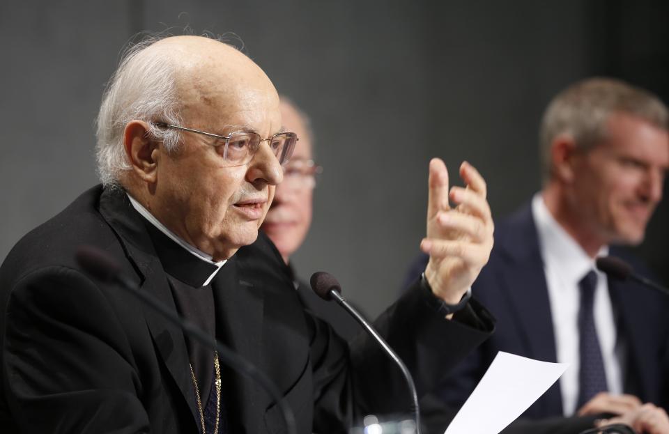 Brazilian Cardinal Claudio Hummes, General Rapporteur for the Synod of Bishops for the Pan-Amazon region, speaks during a press conference announcing the synod, at the Vatican, Thursday, Oct. 3, 2019. The meeting, which opens on Oct. 6, will discuss social and environmental problems faced by the inhabitants of the Amazon, including the increasing rate of deforestation in the region. (AP Photo/Domenico Stinellis)