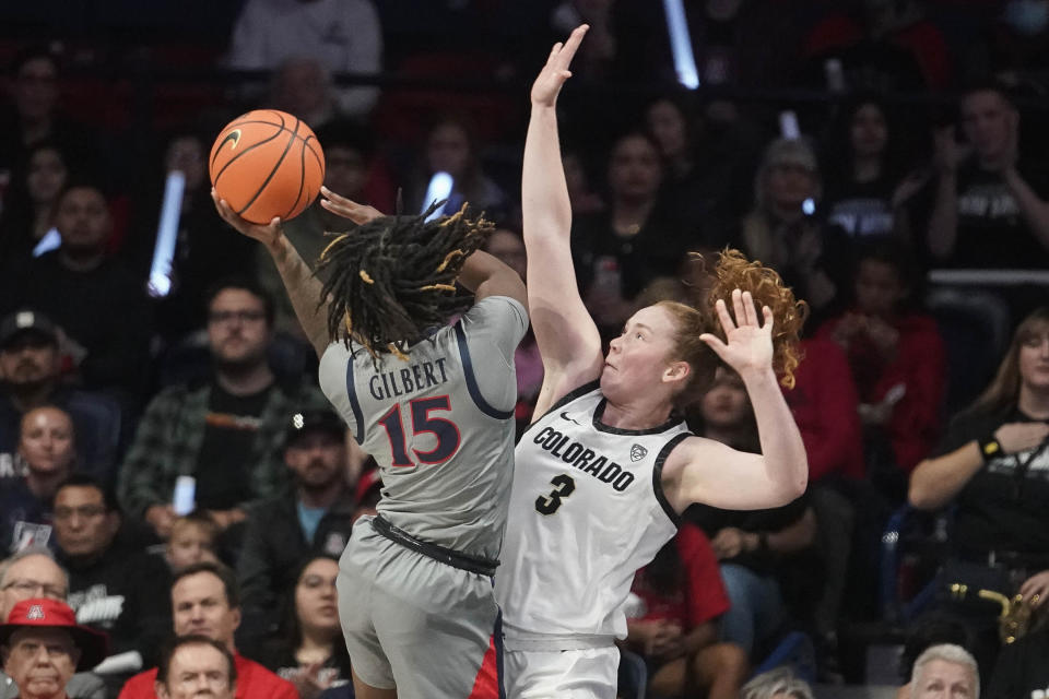 Colorado's Frida Formann (3) guards Arizona's Kailyn Gilbert (15) during the first half of an NCAA college basketball game Friday, Jan. 5, 2024, in Tucson, Ariz. (AP Photo/Darryl Webb)