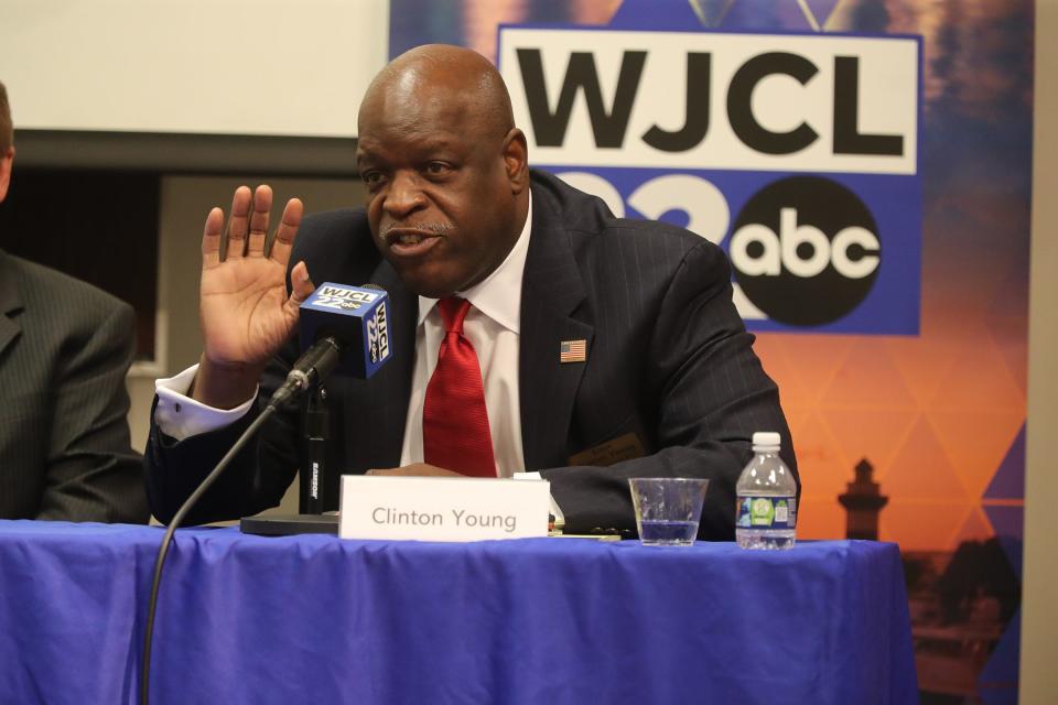 Alderman at Large Post 1 candidate Clinton Young responds to a question during a candidate forum sponsored by the League of Women Voters of Coastal Georgia on Tuesday, September 26, 2023 at the Coastal Georgia Center.