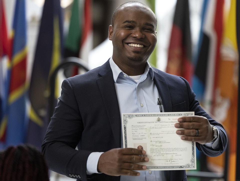Juan De Leon, originally from the Dominican Republic, receives his certificate during a naturalization ceremony to become a citizen of the United States at the Capitol in Salt Lake City on Wednesday, June 14, 2023. | Laura Seitz, Deseret News