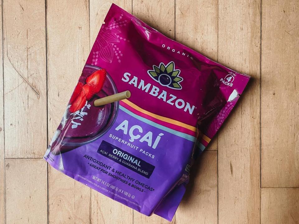 package of sambazon original frozen acai packs on a wooden surface