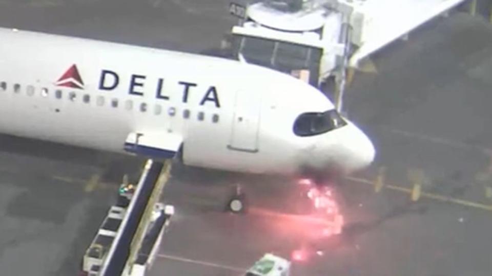 <div>Sparks and a fire are seen developing on a Delta Airbus jet that landed in Seattle on Monday, May 6.</div> <strong>(Port of Seattle/SEA Airport)</strong>