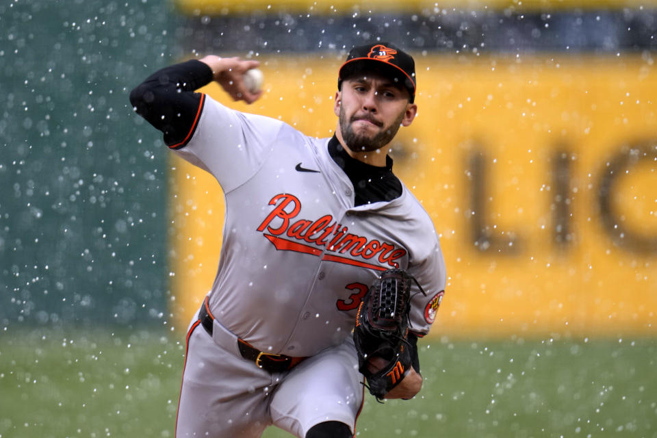 Baltimore Orioles pitcher Grayson Rodriguez delivers as snow falls during the second inning the team's baseball game against the Pittsburgh Pirates in Pittsburgh, Friday, April 5, 2024. (AP Photo/Gene J. Puskar)