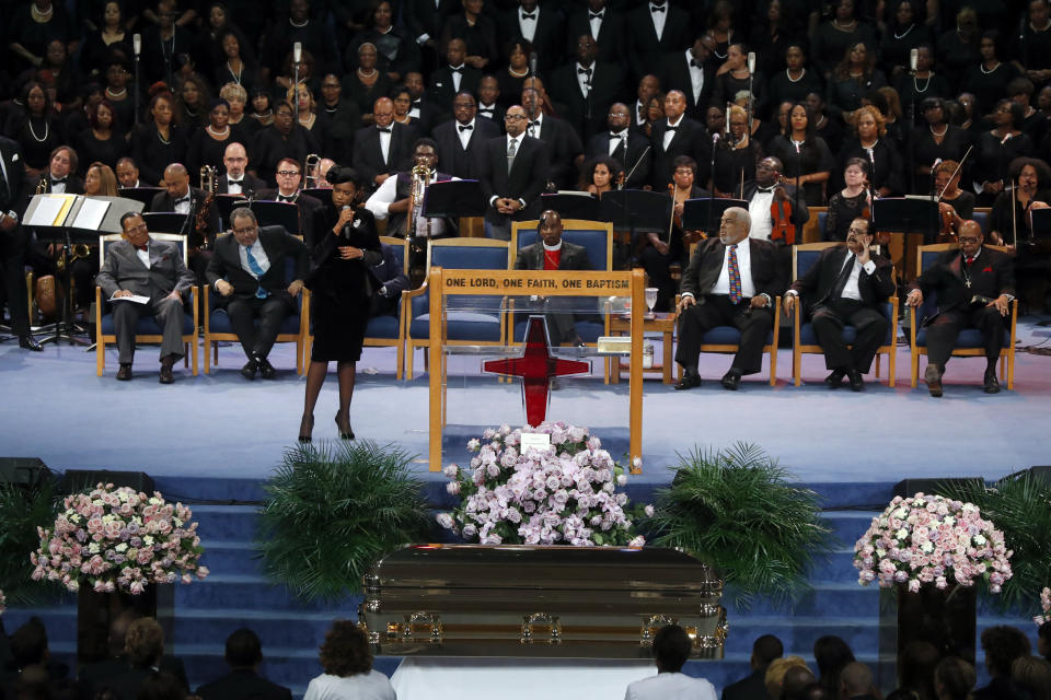 Jennifer Hudson performs during the funeral service for Aretha Franklin at Greater Grace Temple, Friday, Aug. 31, 2018, in Detroit. Franklin died Aug. 16, 2018 of pancreatic cancer at the age of 76. (AP Photo/Paul Sancya)
