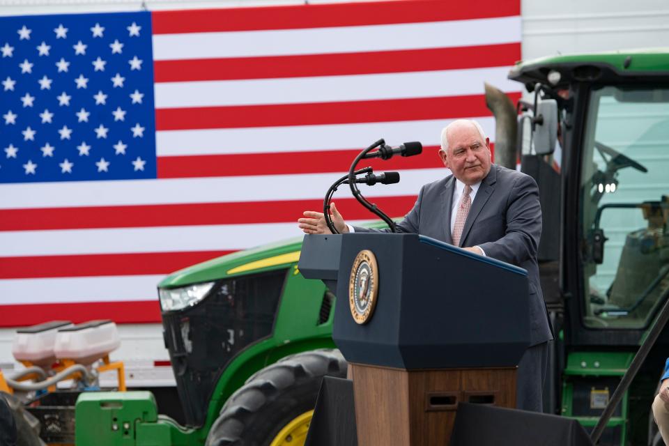 U.S. Secretary of Agriculture, Sonny Perdue, addresses the crowd after touring Flavor 1st Growers and Packers, a farmer-owned produce packing plant in Mills River, with President Donald Trump on Aug. 24, 2020. 