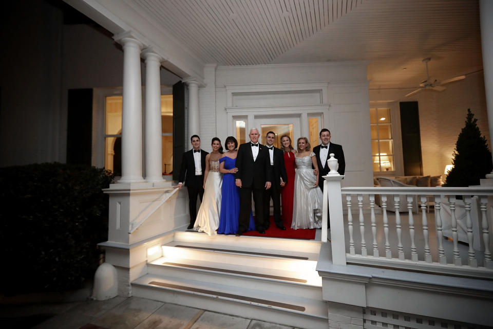 The Pence family poses on the front porch before heading to the inaugural balls on Jan. 20, 2017.