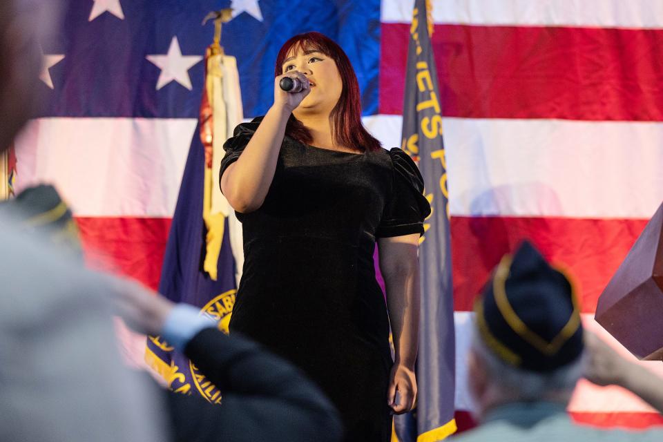 Cesar Chavez High School student Alexis Vilar, 16, sings the national anthem at the 2023 State of the City on Thursday, May 18, 2023, at the Port of Stockton.