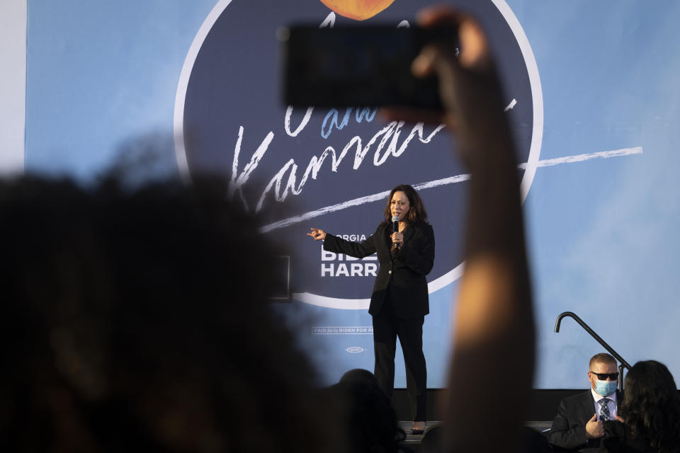 Democratic vice presidential candidate Sen. Kamala Harris, D-Calif., speaks during a campaign event at Morehouse College, Friday, Oct. 23, 2020, in Atlanta. (AP Photo/John Amis)