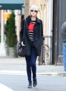 <p>You really can’t go wrong with Emma Stone’s 1960s rocker chick look, complete with a peacoat, skin-tight jeans, and Chelsea boots. Classic. </p>