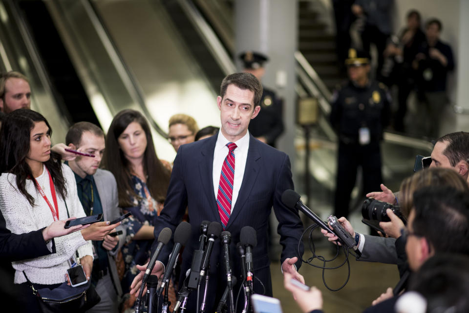 UNITED STATES - JANUARY 8: Sen. Tom Cotton, R-Ark., speaks to the cameras following a briefing for Senators on Iran on Wednesday, Jan. 8, 2020. (Photo By Bill Clark/CQ-Roll Call, Inc via Getty Images)