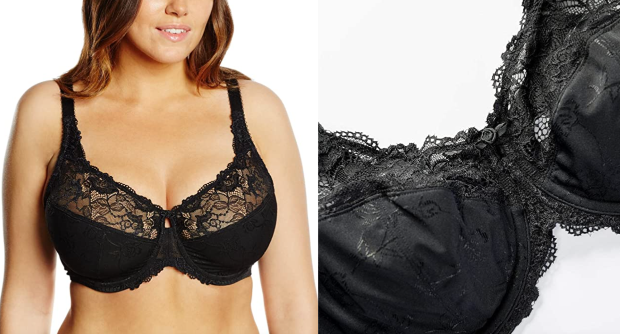 plus size woman wearing black lace bra from amazon canada, close up shot of black lace bra 