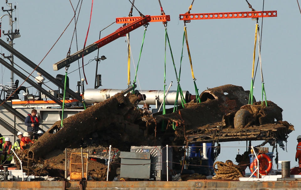 A British museum on Monday successfully recovered a German bomber that had been shot down over the English Channel during World War II. The aircraft, nicknamed the Luftwaffe's "flying pencil" because of its narrow fuselage, came down off the coast of Kent county in southeastern England more than 70 years ago during the Battle of Britain. (AP)  <a href="http://www.huffingtonpost.com/2013/06/10/german-wii-bomber-channel_n_3417015.html" target="_blank">Read more here</a>