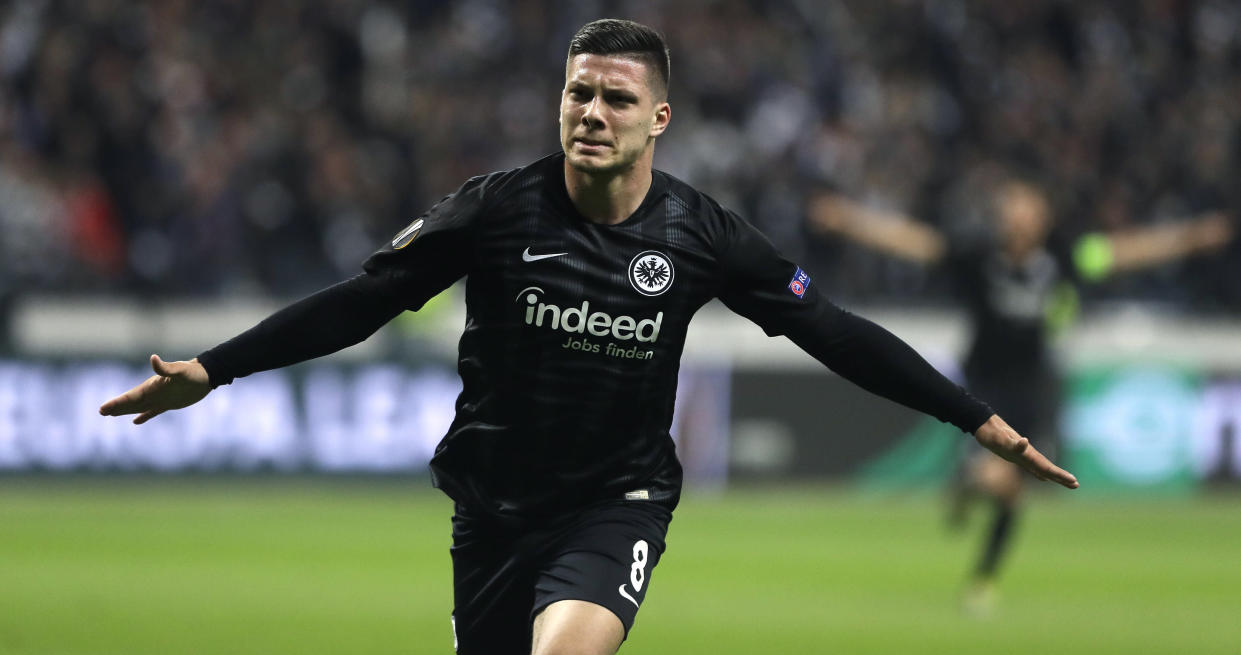 Frankfurt's Luka Jovic celebrates after scoring the opening goal during a Uefa Europa League, first leg semifinal soccer match between Eintracht Frankfurt and FC Chelsea in the Commerzbank Arena in Frankfurt, Germany, Thursday, May 2, 2019. (AP Photo/Michael Probst)