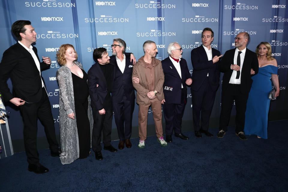 Nicholas Braun, Sarah Snook, Kieran Culkin, Alan Ruck, Jeremy Strong, Brian Cox, Matthew Macfadyen, Jesse Armstrong and J. Smith-Cameron attend the HBO’s “Succession” Season 4 Premiere at Jazz at Lincoln Center (Getty Images)