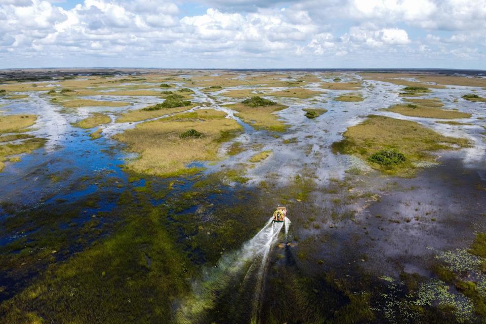 This is a 2021 file photo of an airboat seen hovering over Everglades wetland in Everglades National Park, Florida. On Friday March 29, a Florida Everglades airboat capsized sending passengers overboard in gator-infested waters, officials say.