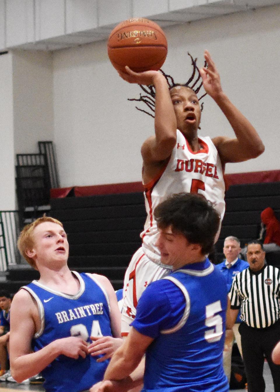 Durfee's Jahmier Stephenson goes up for twp points during a recent non-league contest at B.M.C. Durfee High School Feb. 16, 2024.