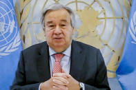 In this photo provided by the United Nations, U.N. Secretary-General Antonio Guterres, delivers opening remarks to the high-level virtual panel entitled "Participation, Human Rights and the Governance Challenge Ahead," Friday, Sept. 25, 2020, at U.N. headquarters in New York. (Manuel Elias/United Nations via AP)