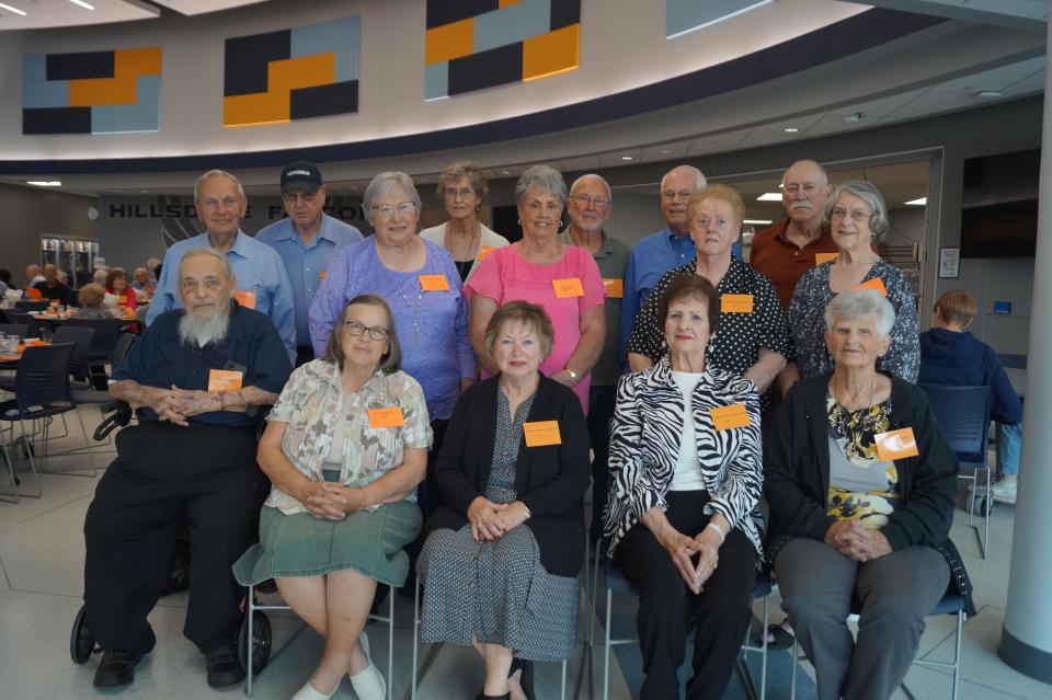The honored class at the Hillsdale annual alumni reunion was 1964. Member present were Jerry Wharton, front left, Cindy (Baker) Young, Lourene (Figley) Heichel, Bernice (French) Becker, Carol (Armstrong) Gaines; Dick Dalton, back left, Barb (Sparr) Spaid, Sue (Cline) Stockdale, Joni (Harned) Horner, Randy (Kosse) Ross. Row 3: Dick Shopbell, Judy (Kline) Dubois, Mike McCoy, David Draper and George Mills.