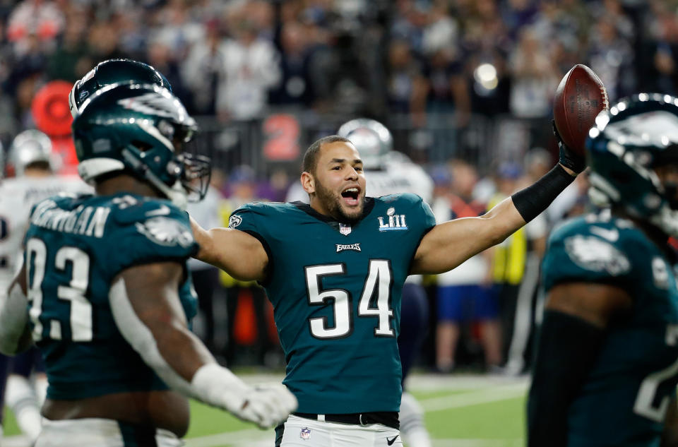 <p>Philadelphia Eagles’ Kamu Grugier-Hill celebrates during the second half of the NFL Super Bowl 52 football game against the New England Patriots, Sunday, Feb. 4, 2018, in Minneapolis. (AP Photo/Matt York) </p>