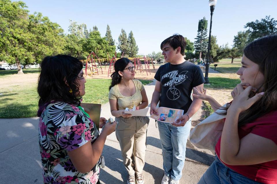 Park Youth Committee members, from the right, Belle Garza, Martin Montez, Angelica Aguilar, and Kassandra Delgado at Robertson Road Park in Modesto, Calif., Wednesday, May 31, 2023. The teens are part of a program launched by The Tuolumne River Trust to find ways to improve city parks.