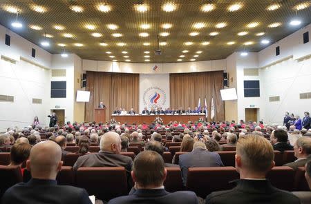 Officials of Russian Olympic Committee (ROC) and athletes attend a meeting on the country's participation at the 2018 Pyeongchang Winter Olympics, in Moscow, Russia December 12, 2017. REUTERS/Maxim Shemetov