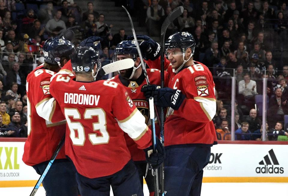 The Florida Panthers celebrate a second period's 1-1 goal made by Keith Yandle during the NHL Global Series Challenge ice hockey match Florida Panthers vs. Winnipeg Jets in Helsinki, Finland on Thursday, November 1, 2018. (Martti Kainulainen/Lehtikuva via AP)
