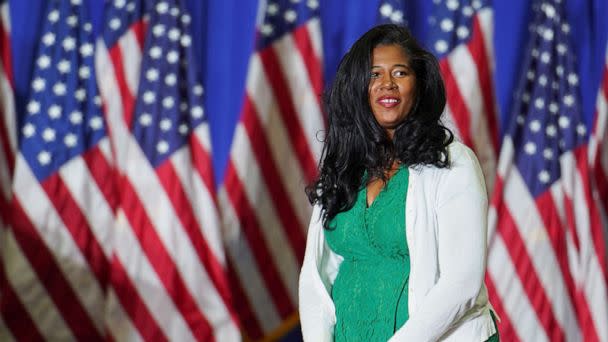 PHOTO: In this Oct. 1, 2022, file photo, Kristina Karamo, candidate for Michigan Secretary of State, attends a rally by former U.S. President Donald Trump in Warren, Mich. (Dieu-Nalio Chery/Reuters, FILE)