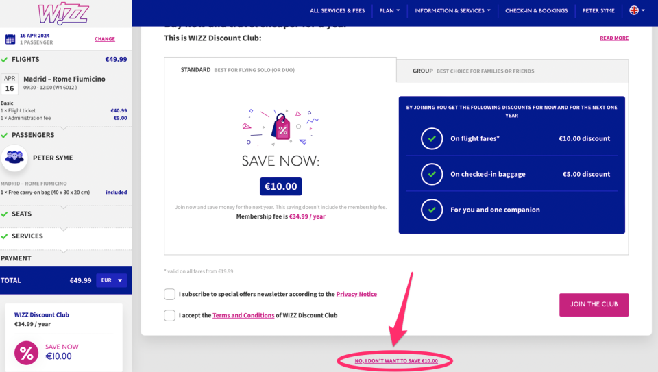 A screenshot of the Wizz Air discount club booking page, with a circle highlighting the small text to avoid the extra 10 euros.