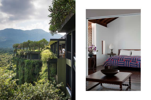 <p>From left: Sebastian Posingis; Courtesy of Teardrop Hotels</p> From left: Lush vegetation envelops the Heritance Kandalama hotel, just as Bawa envisioned; a guest room at the de Silva house.