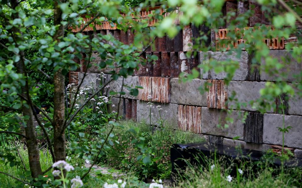 The garden included a 'bungaroosh' wall, a term inspired by a composite building material composed of anything that's at hand